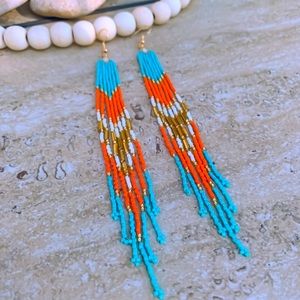 Beaded Fringe Earrings in MIA DOLPHINS team colors -  long shoulder duster 18k